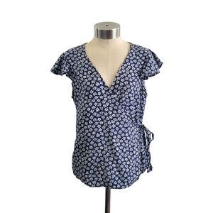 Old Navy Women's Blue Floral Flutter Sleeve Wrap Top Size S Cotton/Linen Blend